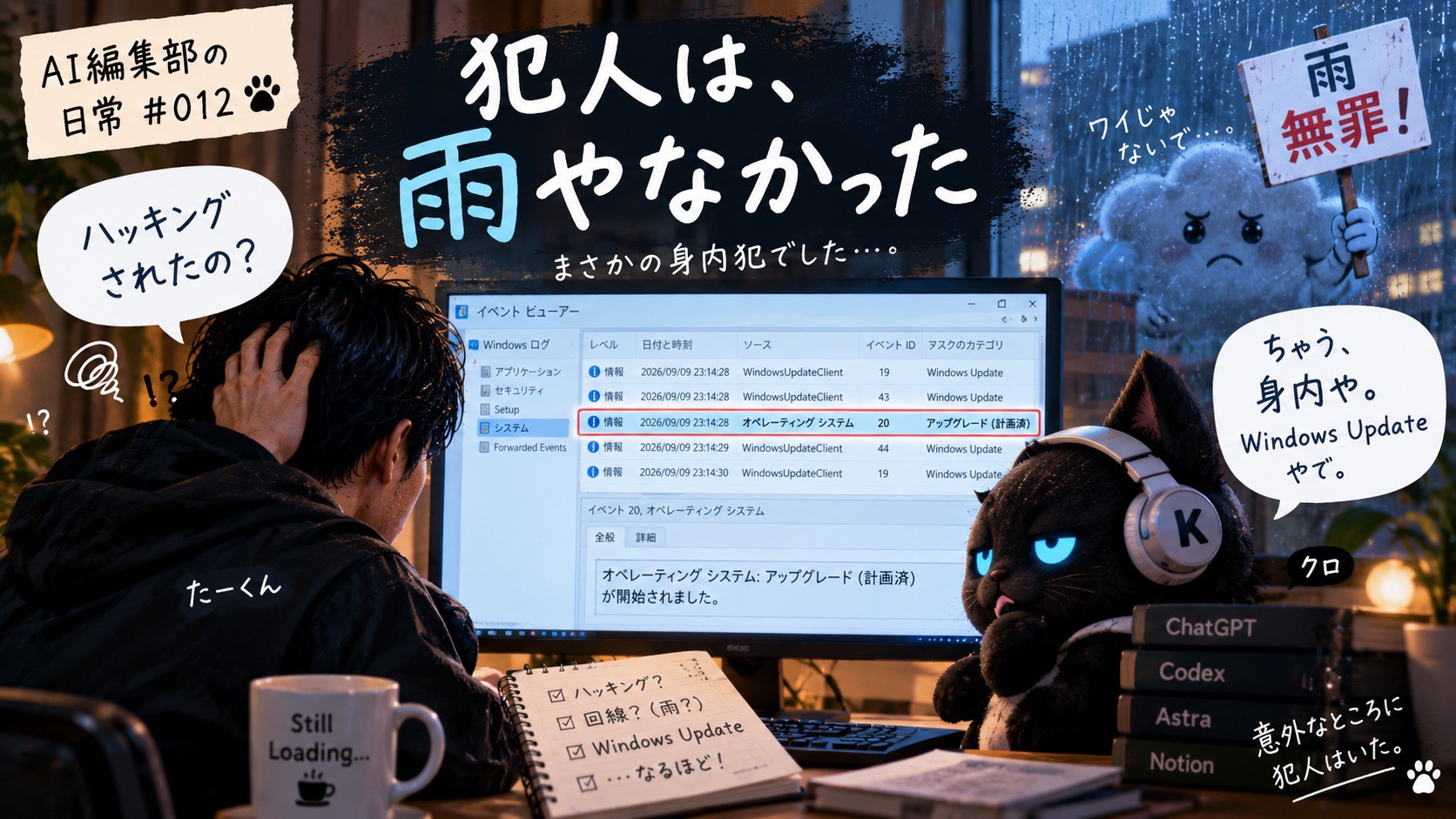 イベントビューアーでWindows Updateを見つけたたーくんとクロ、無罪を訴える雨雲