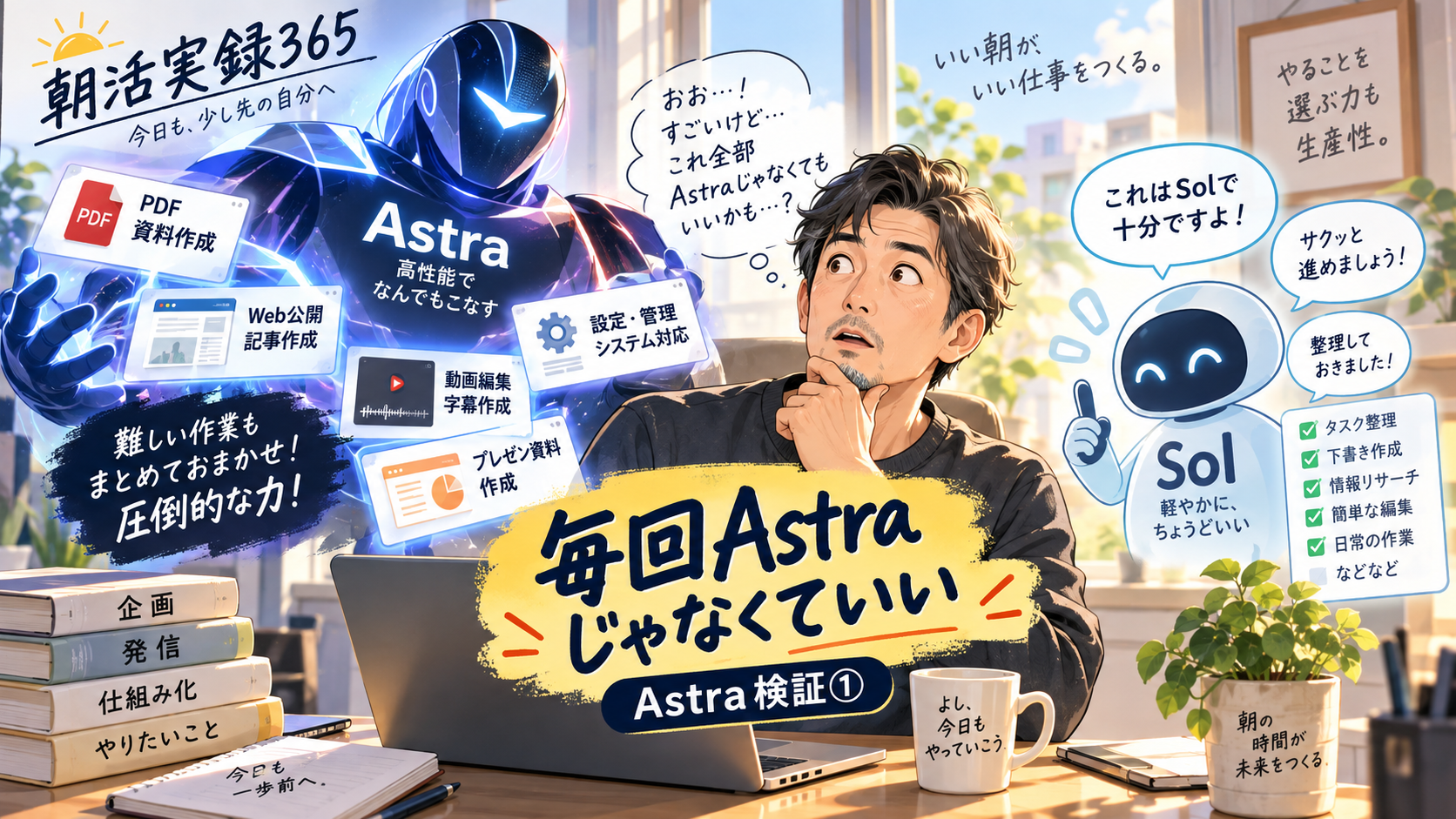 Astraに仕事を任せながら「これ全部Astraじゃなくてもいいかも？」と考えるたーくんと、Solで十分ですよと言うAI