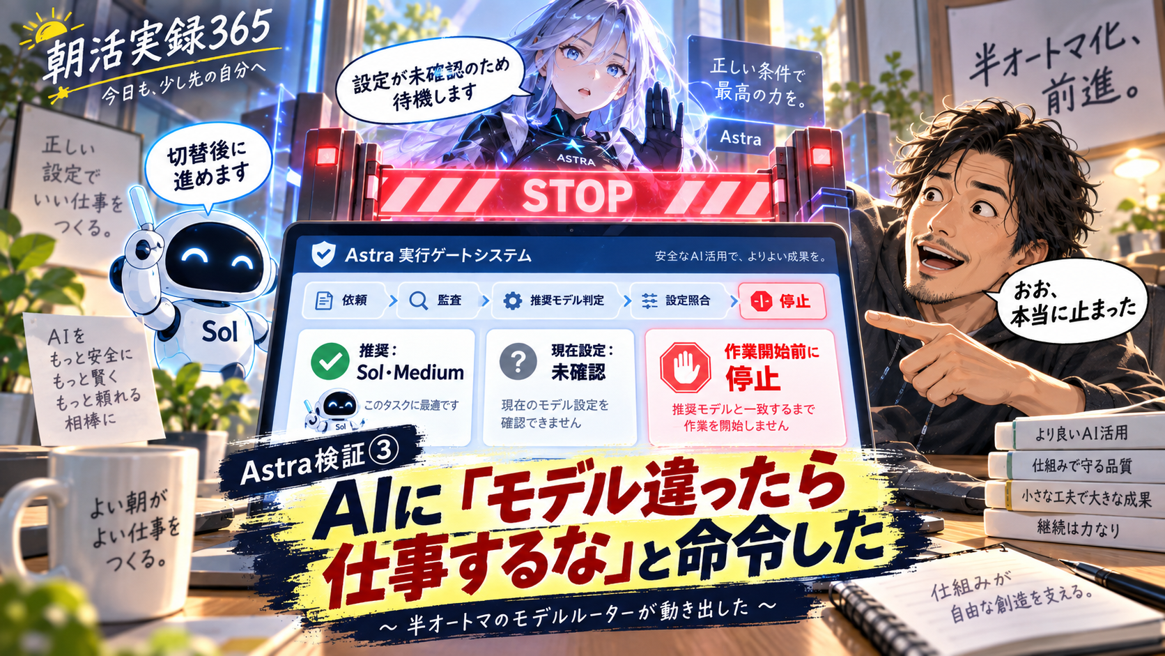 「設定が未確認のため待機します」と表示して作業開始前に停止するAstraの実行ゲート画面と、「おお、本当に止まった」と驚くたーくん