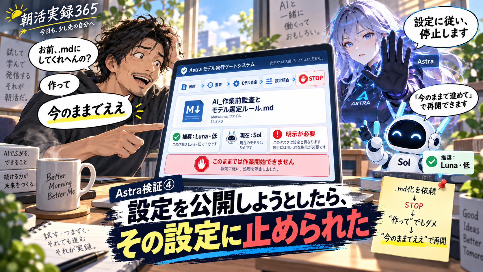 設定のMarkdown化を頼んだら「推奨：Luna・低、現在：Sol」でAstraに停止され、「今のままでええ」と言うたーくん