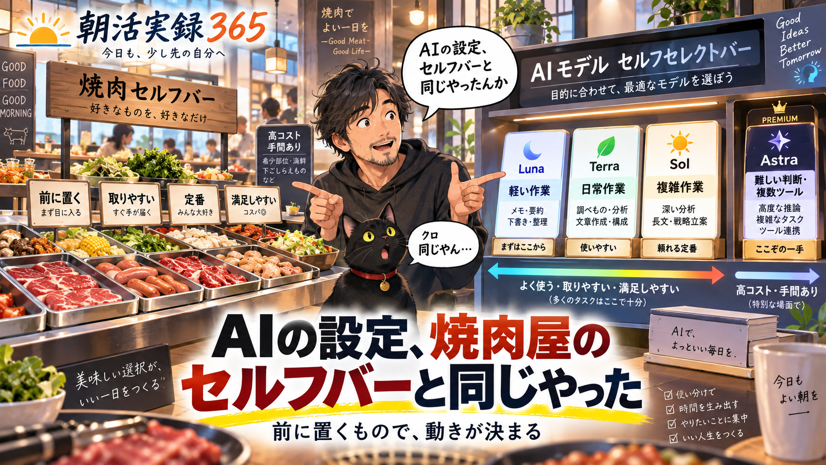 焼肉屋のセルフバーとAIモデルの棚が並び、前に置くものが同じ考え方で決まっていることに気付くたーくんとクロ