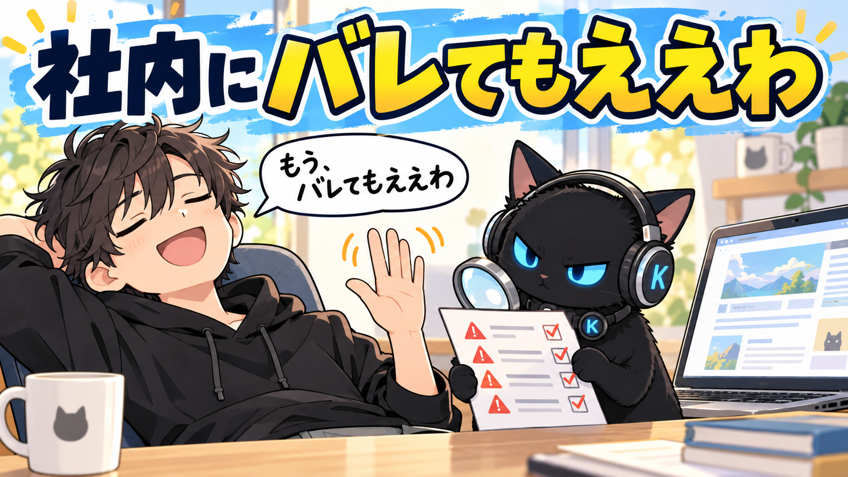 ブログの点検リストを差し出す黒猫のクロと、手を振って「もう、バレてもええわ」と流すたーくん