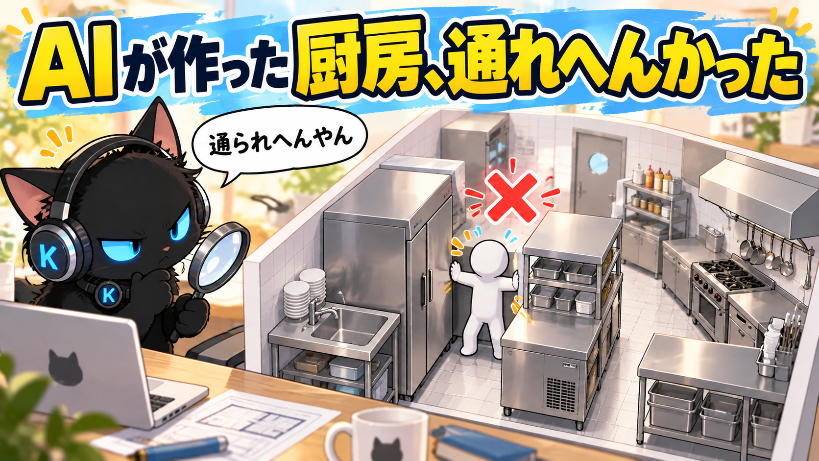 3Dで作った厨房の中で、設備に通路をふさがれて進めない人型と、それを虫めがねで覗き込む黒猫のクロ